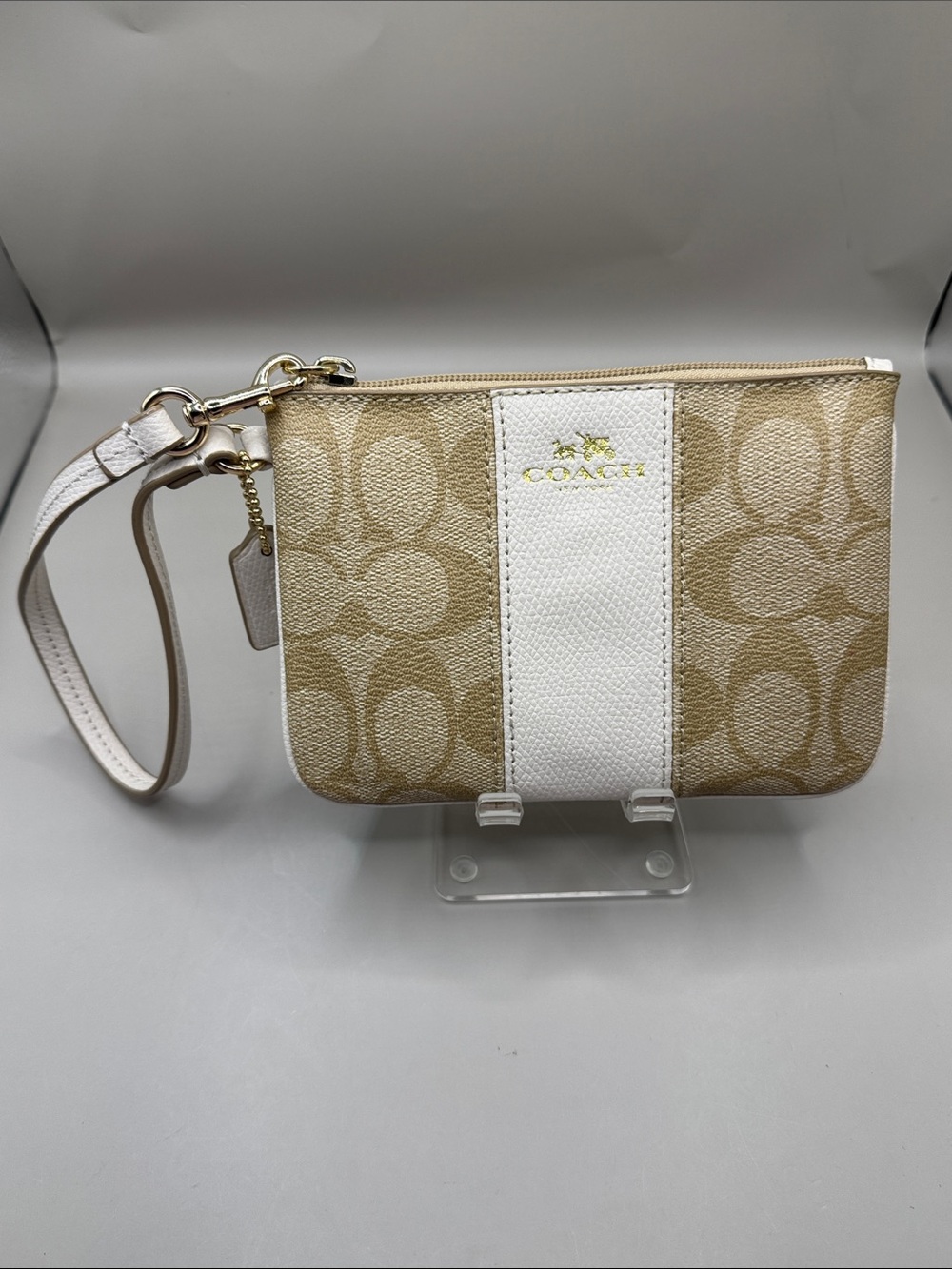Coach Beige Signature Canvas Wristlet with White Center Stripe